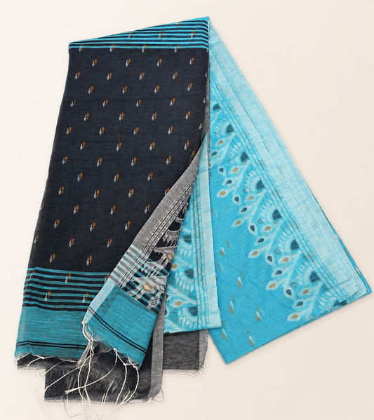 Pallavi Sky Blue & Navy Blue Handloom Cotton Saree with Contrast Pallu and Tribal Woven Border