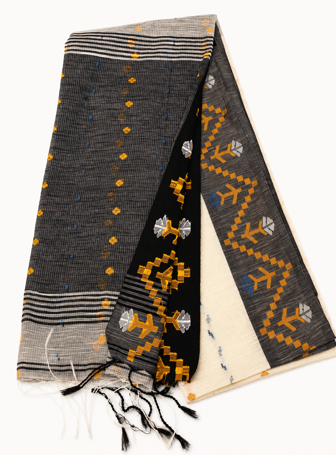 Pallavi Ivory & Charcoal Grey  Handloom Cotton Saree with Contrast Pallu and Tribal Woven Border