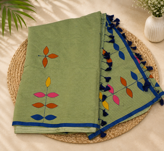 Taarulatha Pista Green Cotton Appliqué Saree