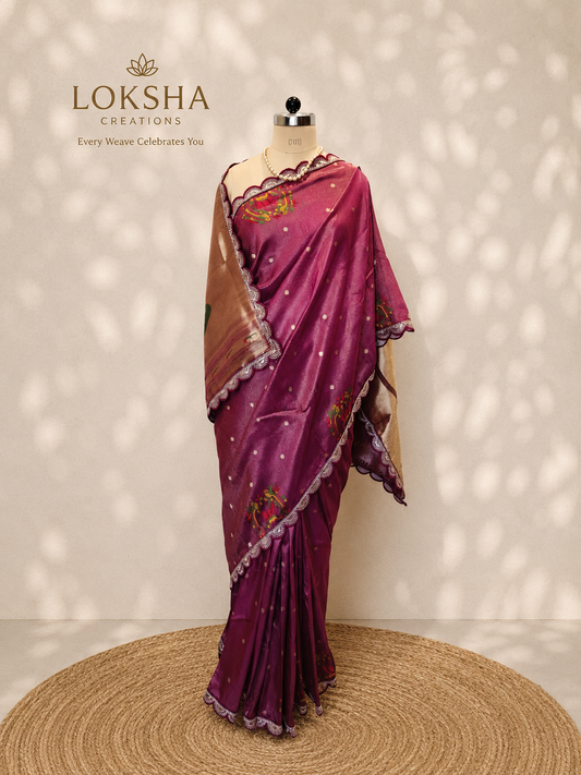 Wine Purple Tissue Saree with Lace Border