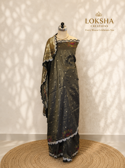 Moss Green Tissue Saree with Lace Border