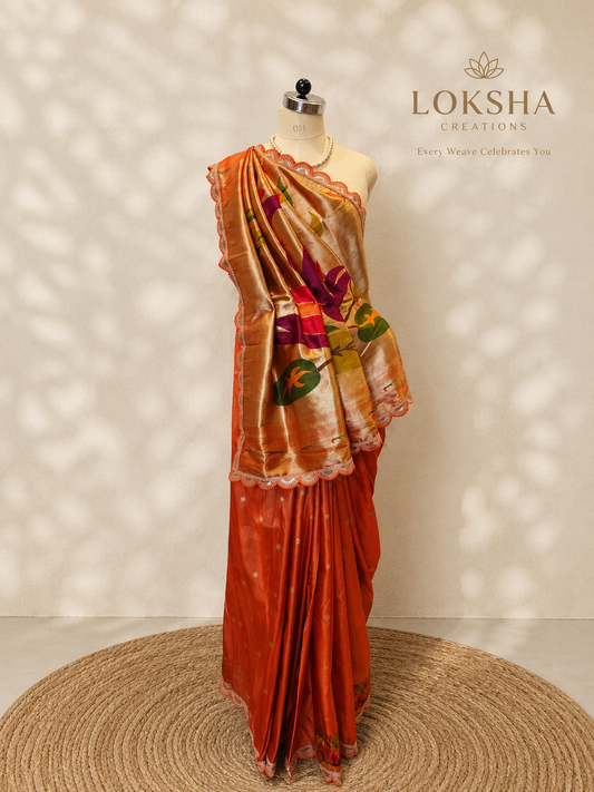 Rust Orange Tissue Saree with Lace work