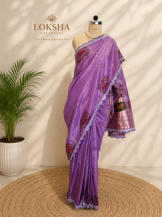 Lavender Tissue Silk Saree with Lace Work