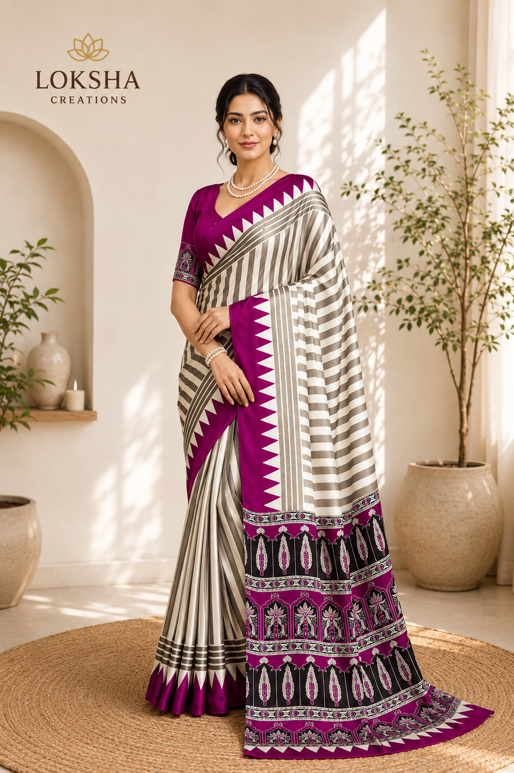 Magenta Pink Modal Satin Ajrakh Print Saree