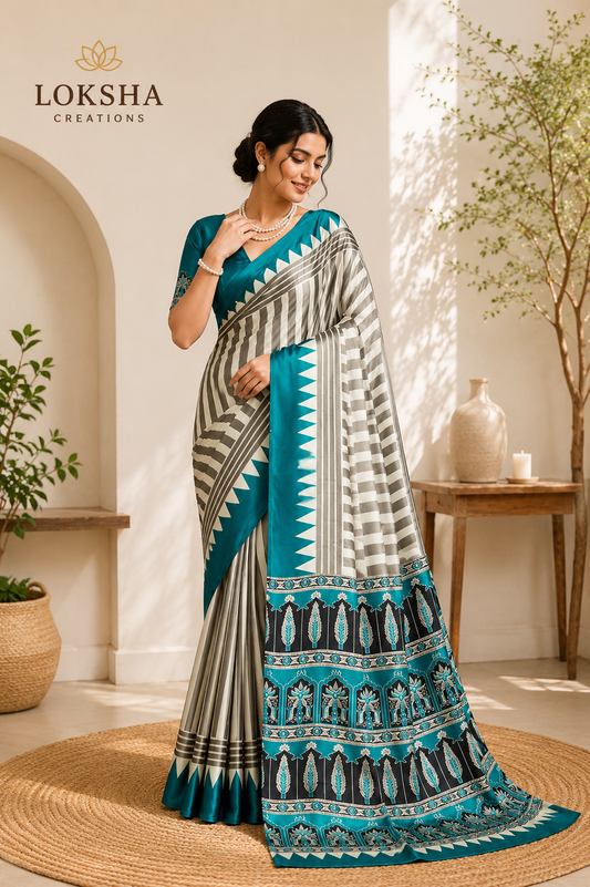 Teal Blue Modal Satin Ajrakh Print Saree