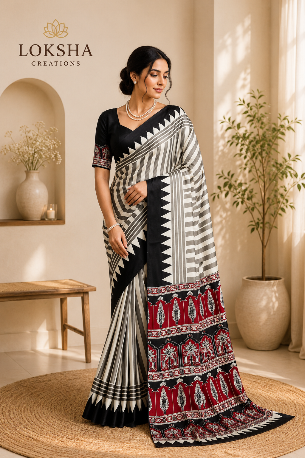Black Modal Satin Ajrakh Print Saree