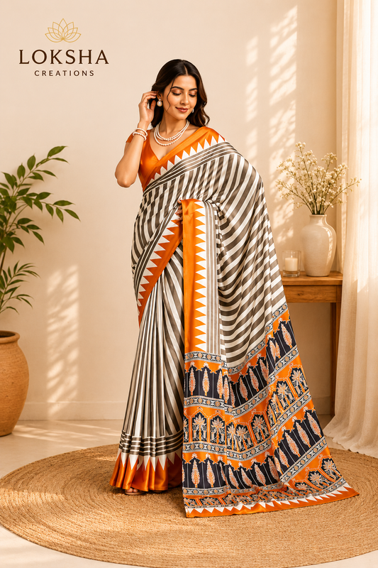 Mustard Yellow Modal Satin Ajrakh Print Saree