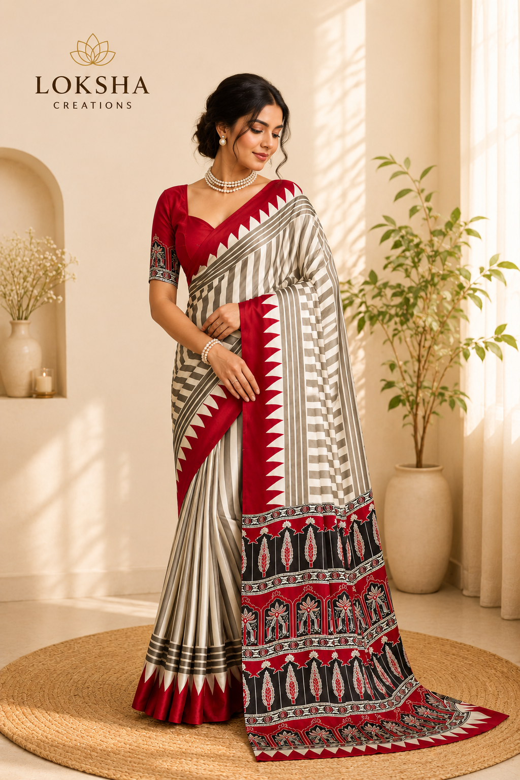 Classic Red Modal Satin Ajrakh Print Saree
