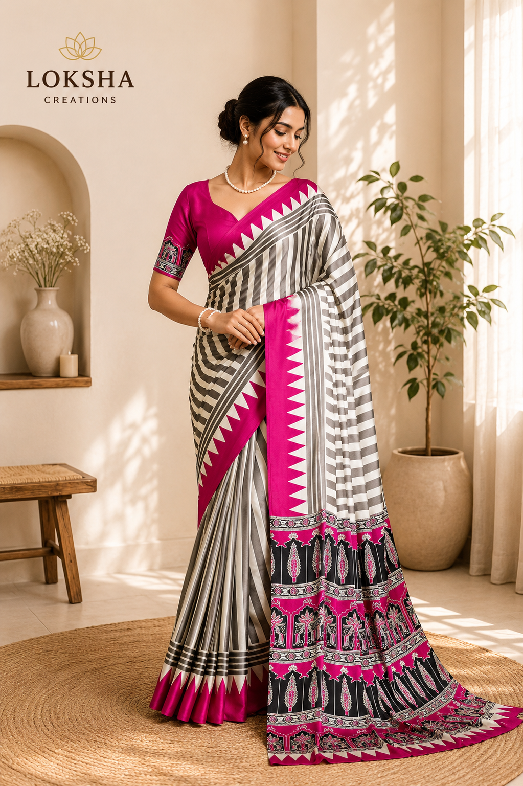 Royal Pink Modal Satin Ajrakh Print Saree