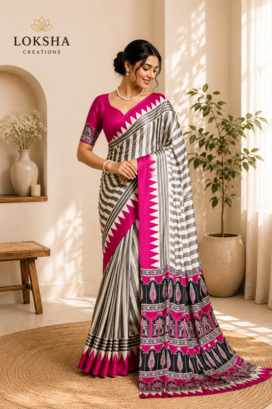 Royal Pink Modal Satin Ajrakh Print Saree