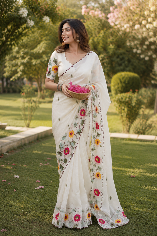 Ivory Floral Cocktail Tissue Organza Saree