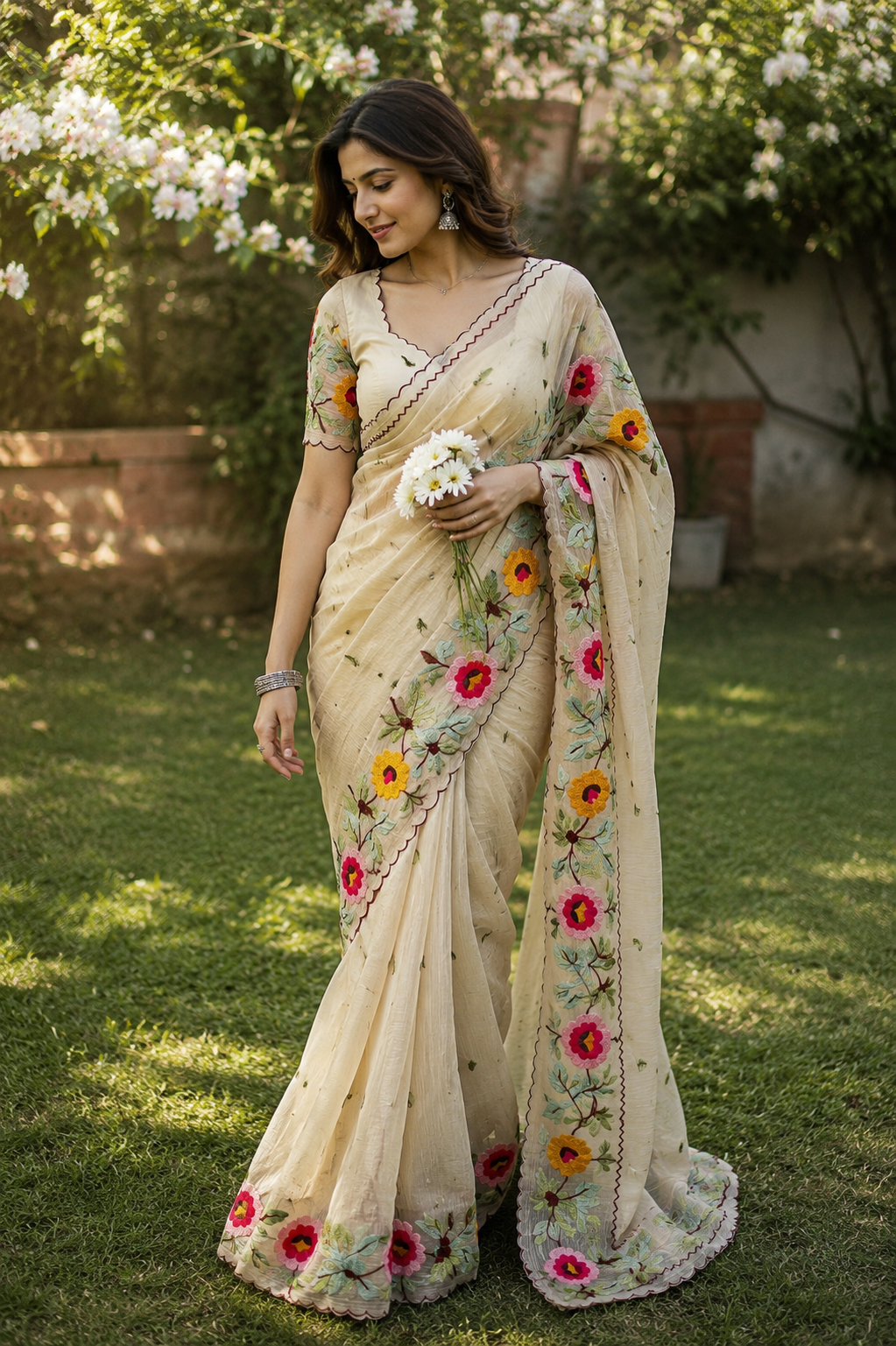 Champagne Beige Floral Cocktail Tissue Organza Saree