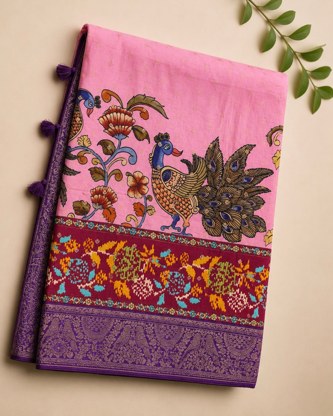 Pink Peacock Kalamkari Viscose Silk Saree