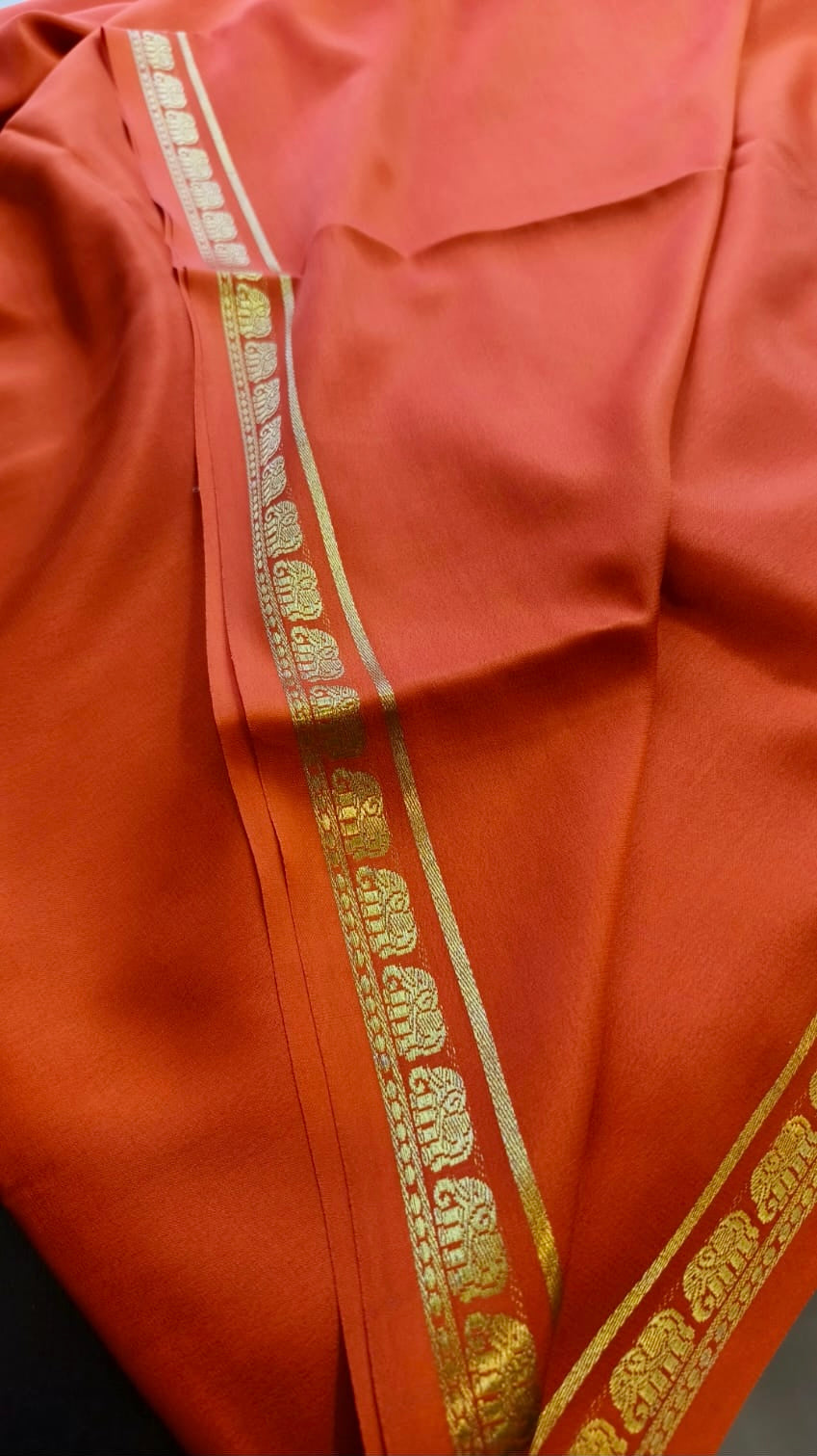 Pure 120 GSM Crepe Silk Saree | Rich Orange with Gold Elephant Zari Border | Chit Pallu | Running Blouse (Copy)