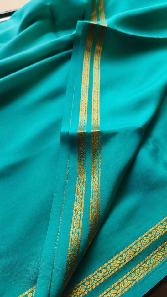 Pure 120 GSM Crepe Silk Saree | Rama Green | Golden Zari Temple Border | Chit Pallu | Running Blouse | Silk Mark Certified