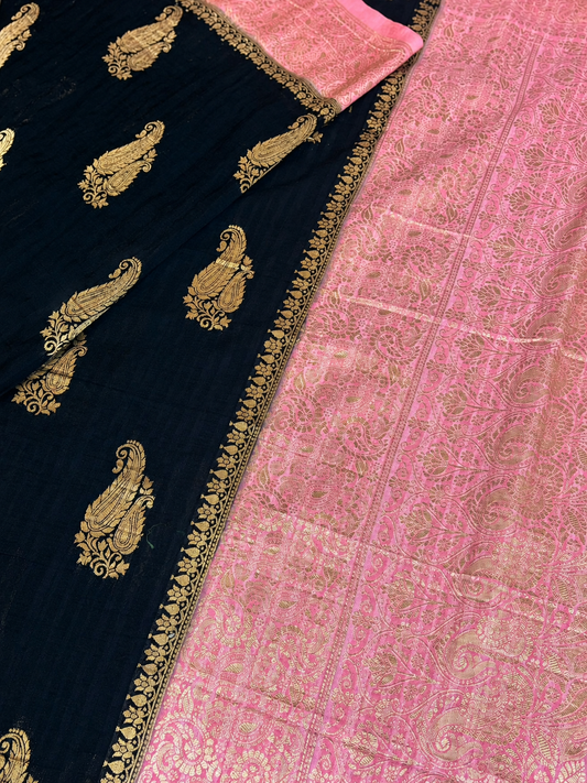 KASHIKA – Midnight Black-Baby Pink Premium Georgette Banaras Saree