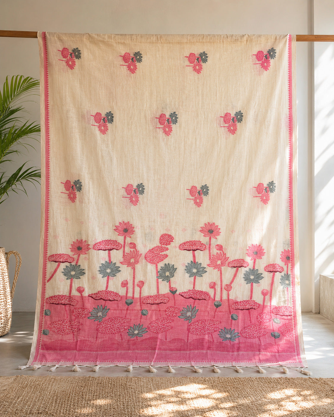 Red Lotus Garden Muga Cotton Saree
