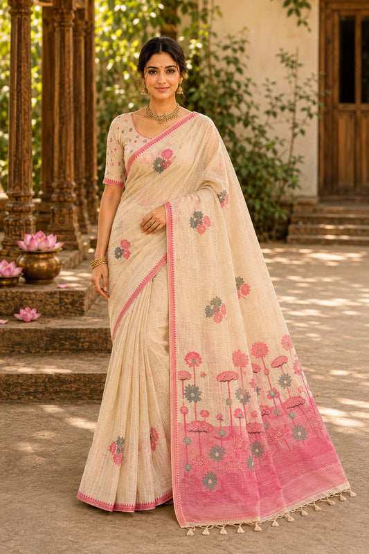Red Lotus Garden Muga Cotton Saree