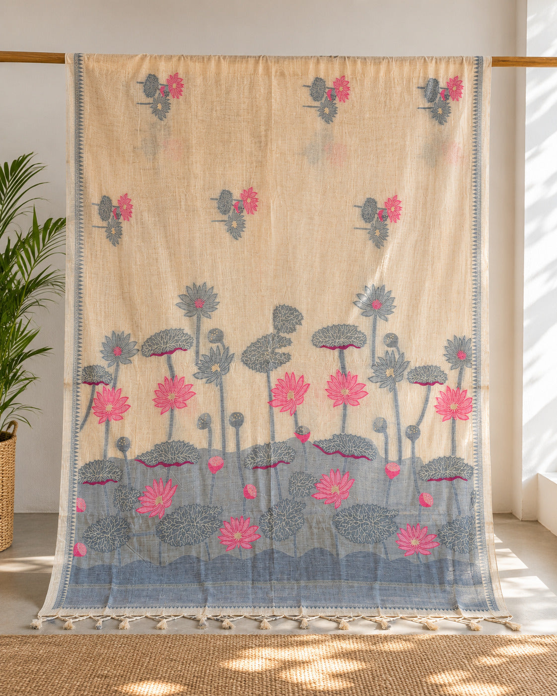 Grey Lotus Garden Muga Cotton Saree