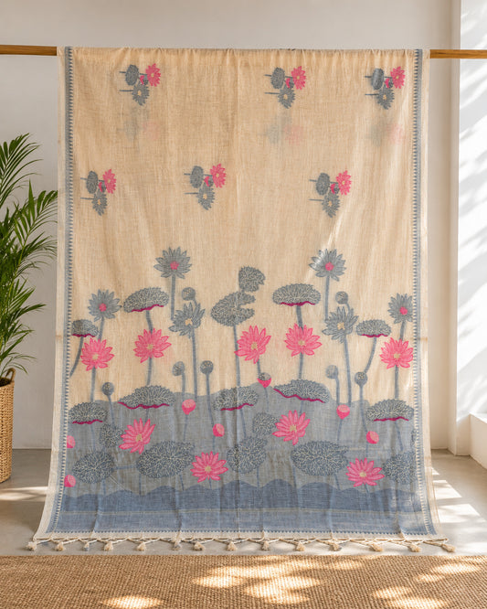Grey Lotus Garden Muga Cotton Saree