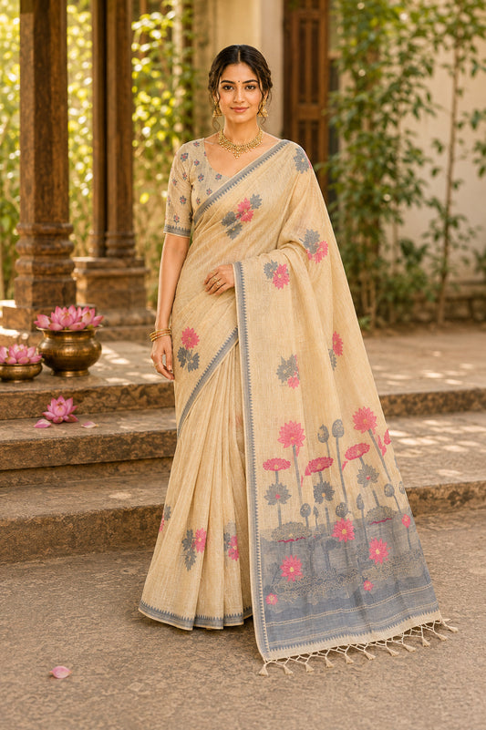 Grey Lotus Garden Muga Cotton Saree