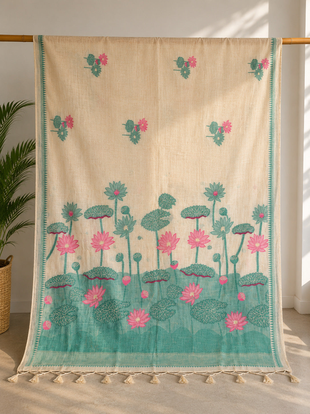 Green Lotus Garden Muga Cotton Saree