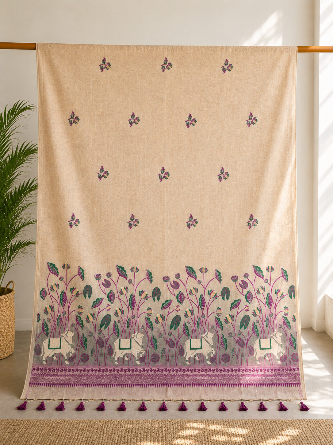 Purple Cow Border Muga Cotton Saree