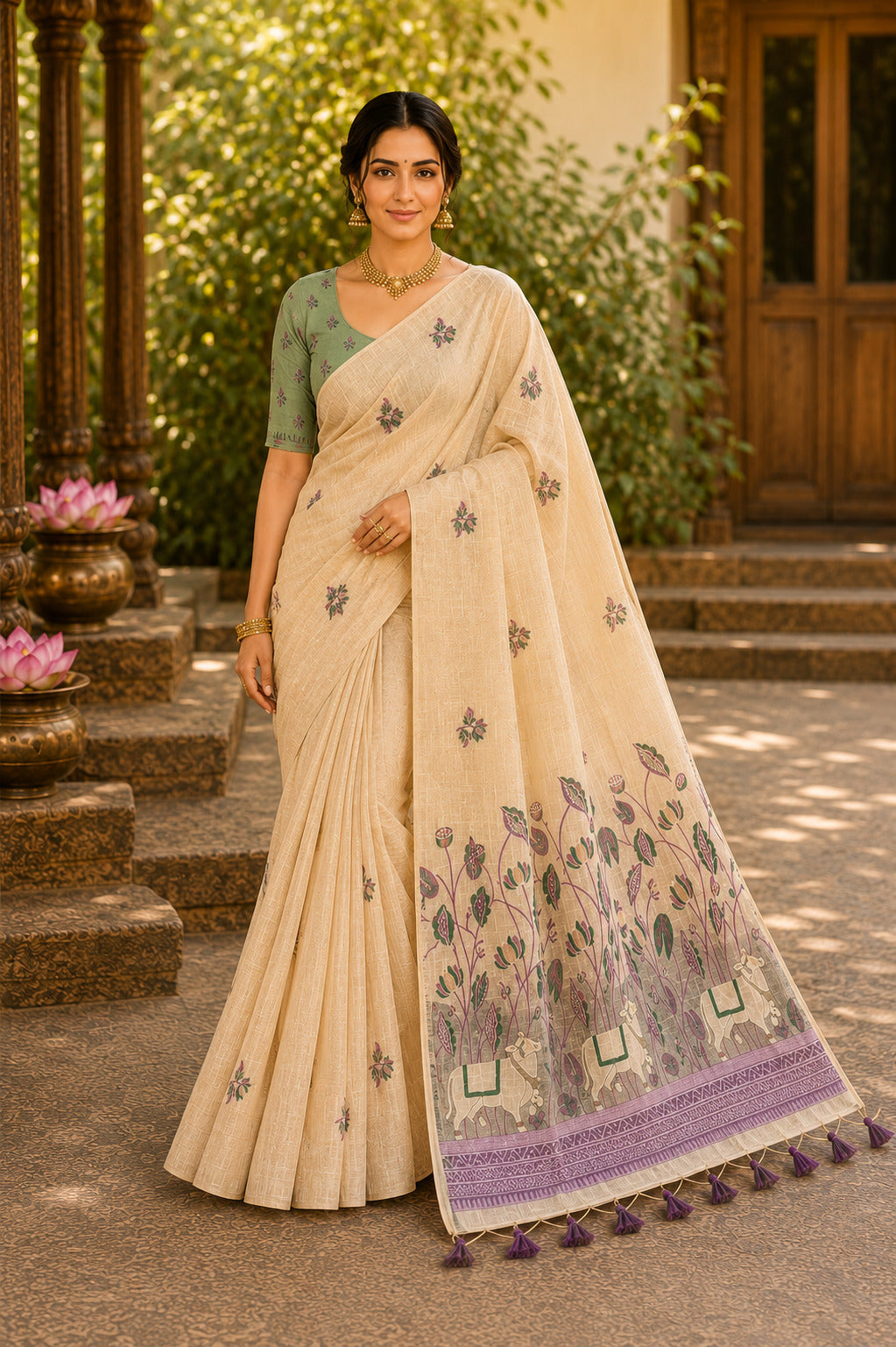 Purple Cow Border Muga Cotton Saree