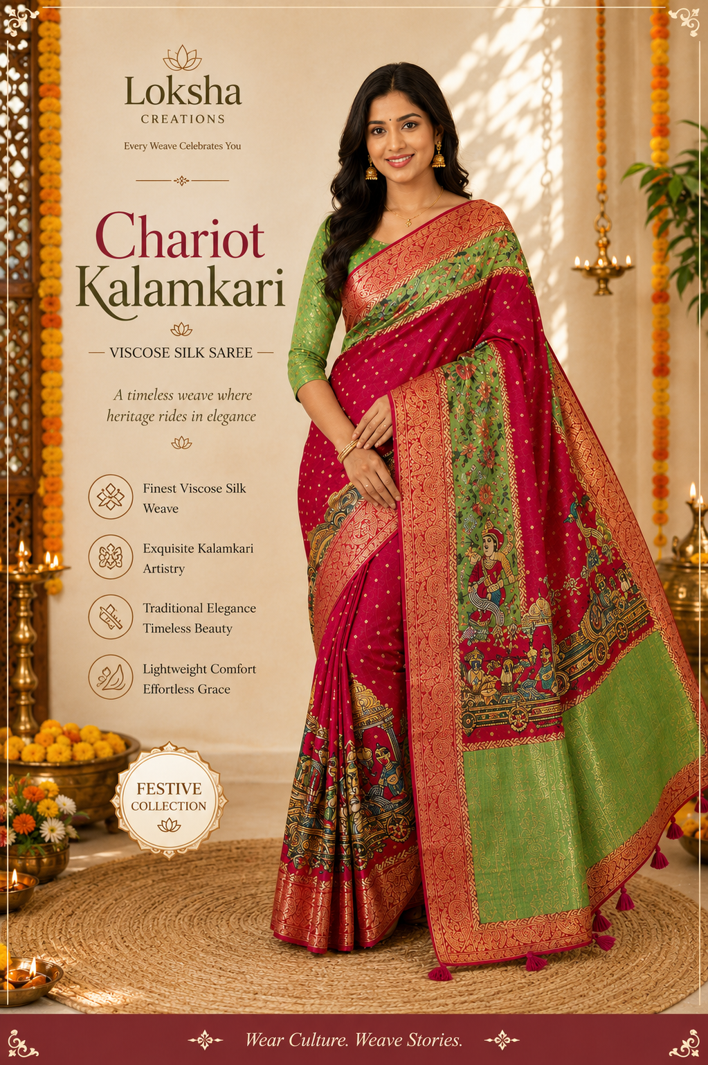 Red Kalamkari Inspired Viscose Silk Saree