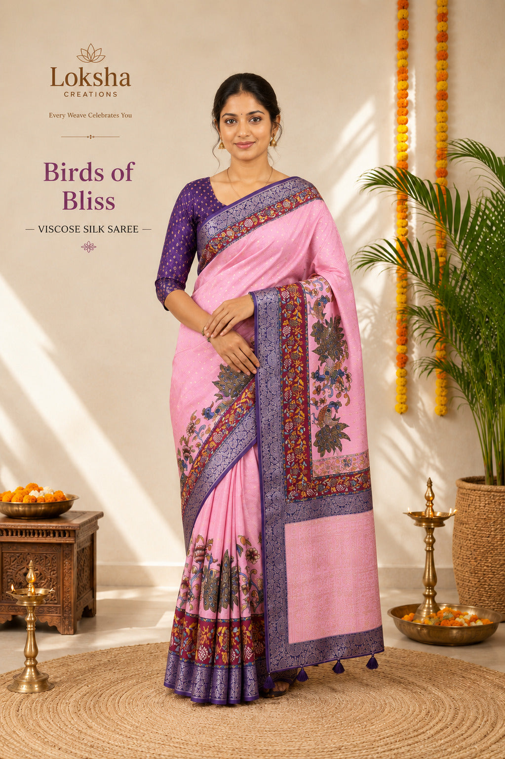 Pink Peacock Kalamkari Viscose Silk Saree