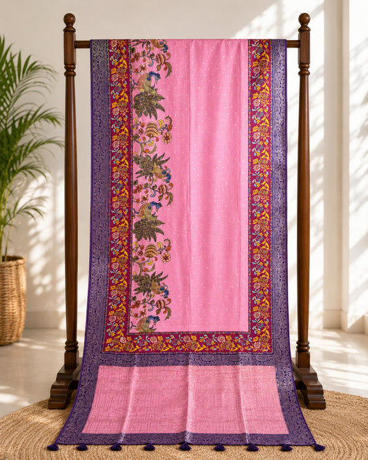 Pink Peacock Kalamkari Viscose Silk Saree