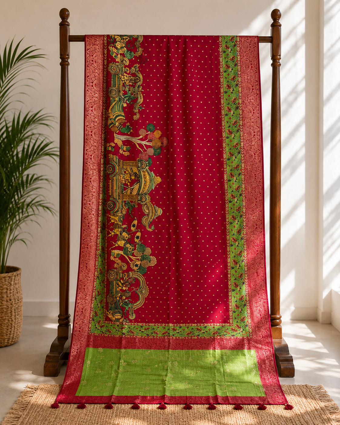 Red Kalamkari Inspired Viscose Silk Saree