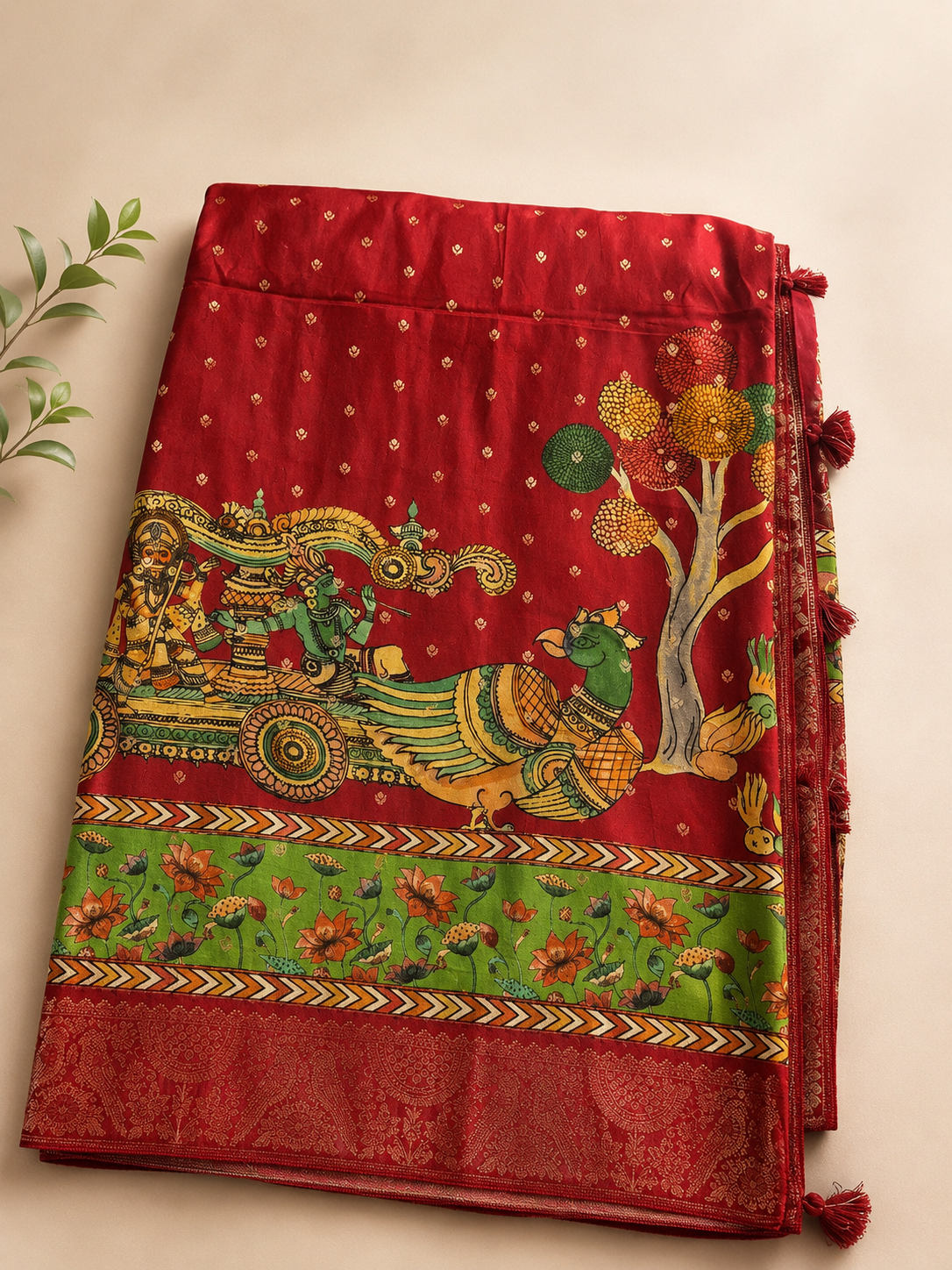 Red Kalamkari Inspired Viscose Silk Saree