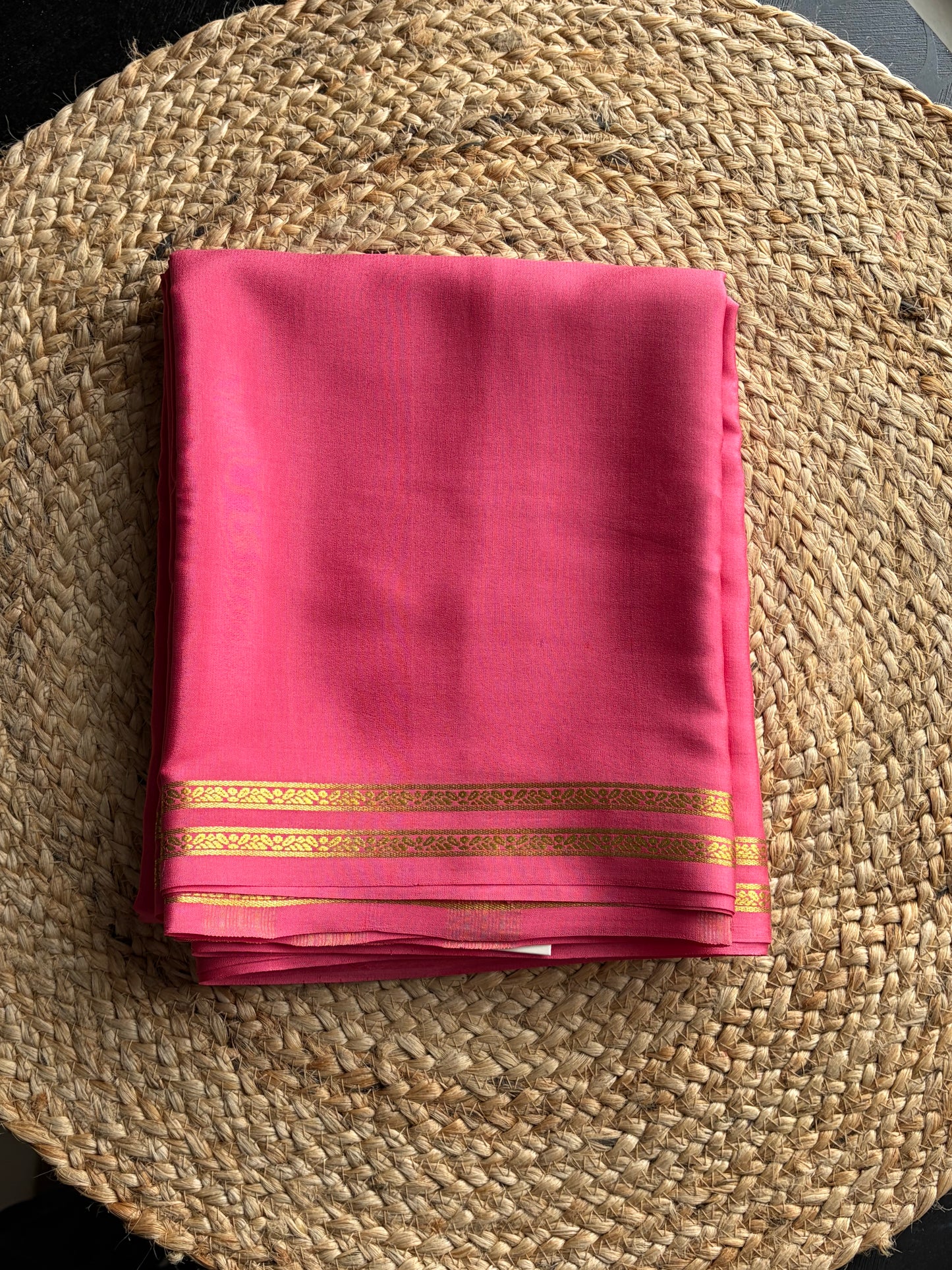 Pure 120 GSM Crepe Silk Saree | Coral Pink | Golden Zari Temple Border | Chit Pallu | Running Blouse | Silk Mark Certified