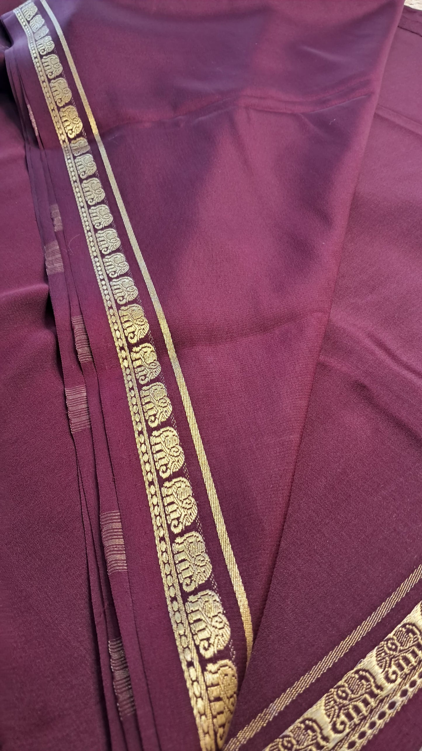 Pure 120 GSM Crepe Silk Saree | Rich Coffee Brown with Gold Elephant Zari Border | Chit Pallu | Running Blouse