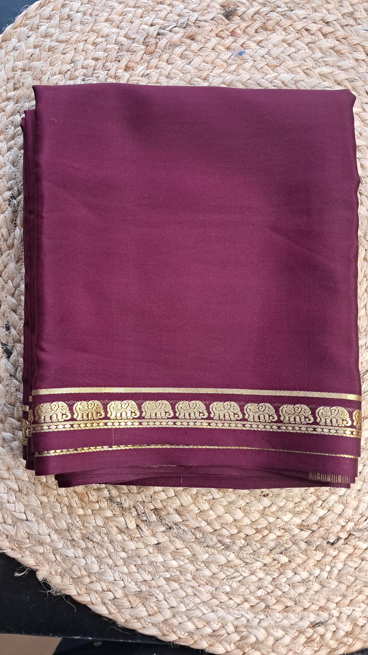 Pure 120 GSM Crepe Silk Saree | Rich Coffee Brown with Gold Elephant Zari Border | Chit Pallu | Running Blouse