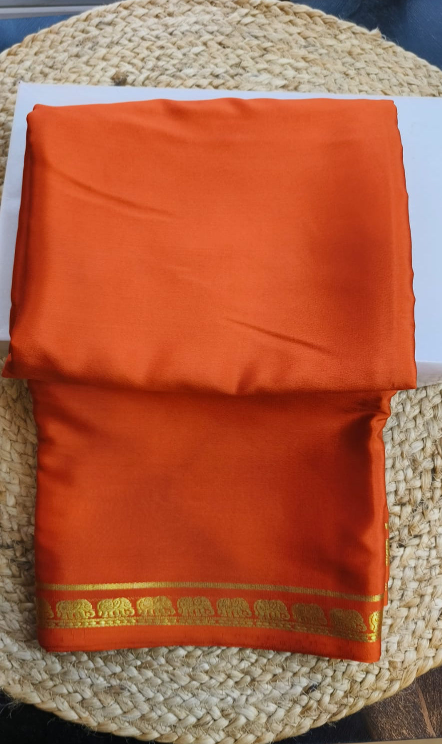 Pure 120 GSM Crepe Silk Saree | Rich Orange with Gold Elephant Zari Border | Chit Pallu | Running Blouse (Copy)