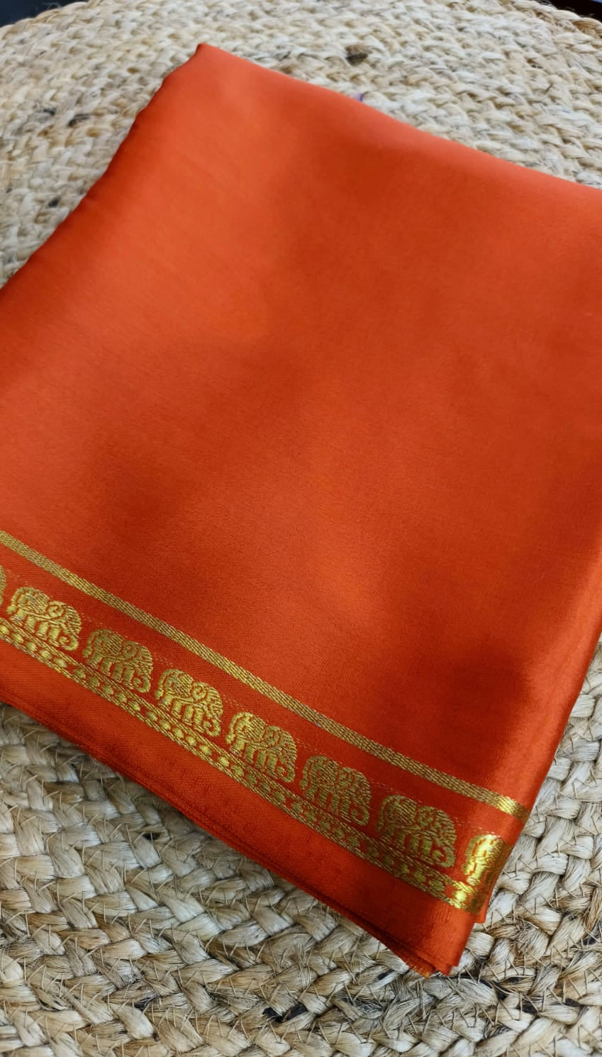 Pure 120 GSM Crepe Silk Saree | Rich Orange with Gold Elephant Zari Border | Chit Pallu | Running Blouse (Copy)