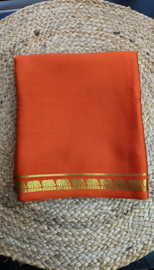 Pure 120 GSM Crepe Silk Saree | Rich Orange with Gold Elephant Zari Border | Chit Pallu | Running Blouse (Copy)