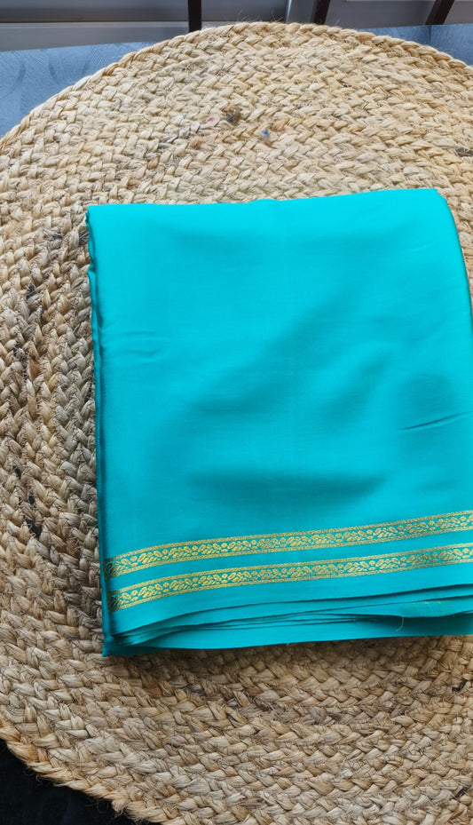 Pure 120 GSM Crepe Silk Saree | Rama Green | Golden Zari Temple Border | Chit Pallu | Running Blouse | Silk Mark Certified