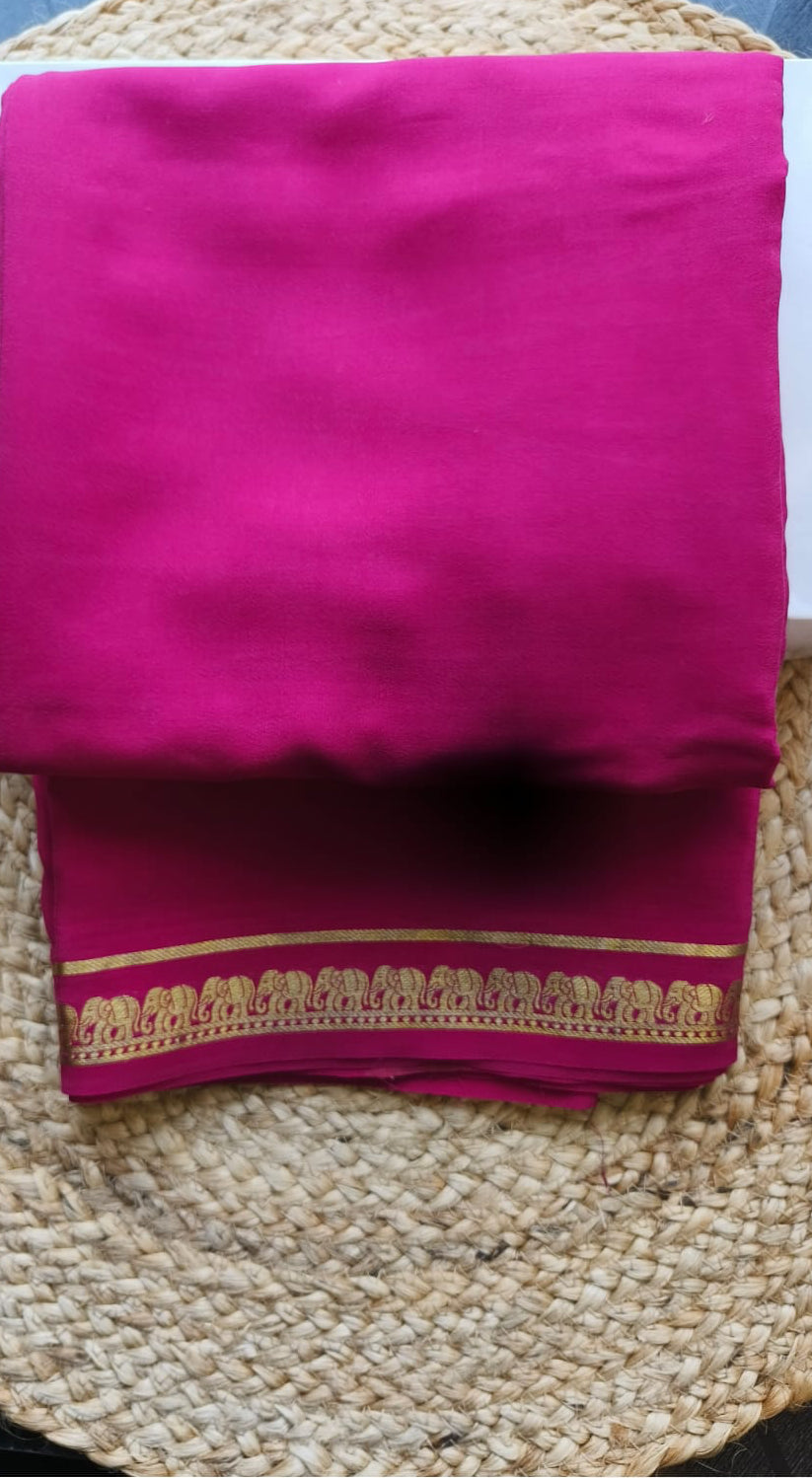 Pure 120 GSM Crepe Silk Saree | Rani Pink with Gold Elephant Zari Border | Chit Pallu | Running Blouse