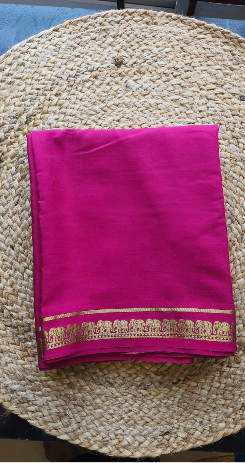Pure 120 GSM Crepe Silk Saree | Rani Pink with Gold Elephant Zari Border | Chit Pallu | Running Blouse