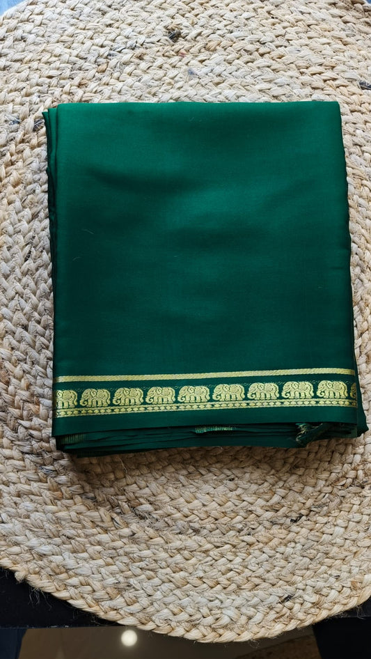 Pure 120 GSM Crepe Silk Saree | Bottle Green with Gold Elephant Zari Border | Chit Pallu | Running Blouse (Copy)