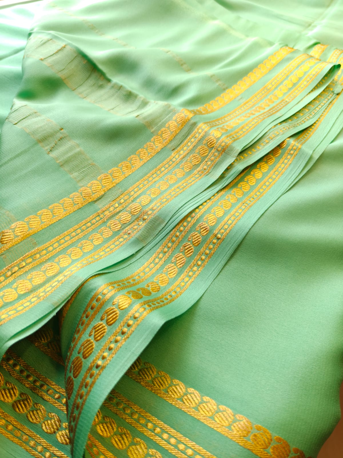 Pure 120 GSM Crepe Silk Saree | Mint Green | Golden Zari Mango Border | Chit Pallu | Running Blouse | Silk Mark Certified