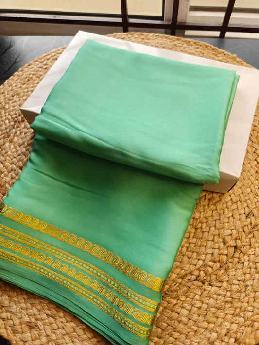 Pure 120 GSM Crepe Silk Saree | Mint Green | Golden Zari Mango Border | Chit Pallu | Running Blouse | Silk Mark Certified