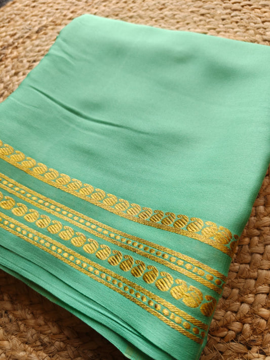 Pure 120 GSM Crepe Silk Saree | Mint Green | Golden Zari Mango Border | Chit Pallu | Running Blouse | Silk Mark Certified