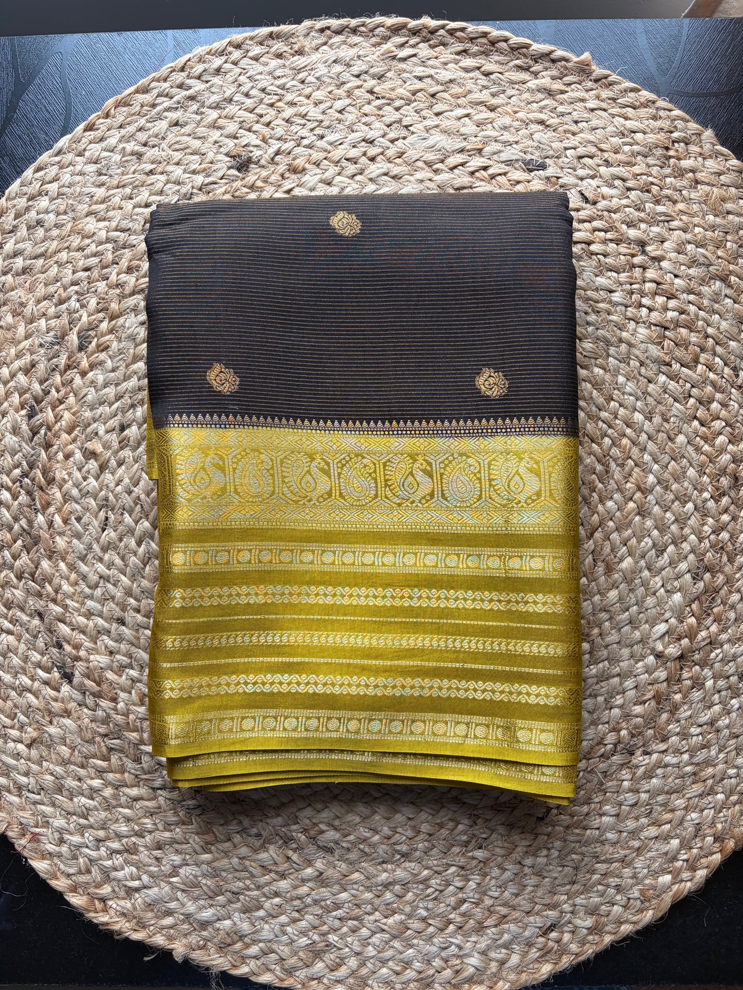 Rangamahal Black - Gold Yellow Heritage Peacock Border Assam Silk Saree