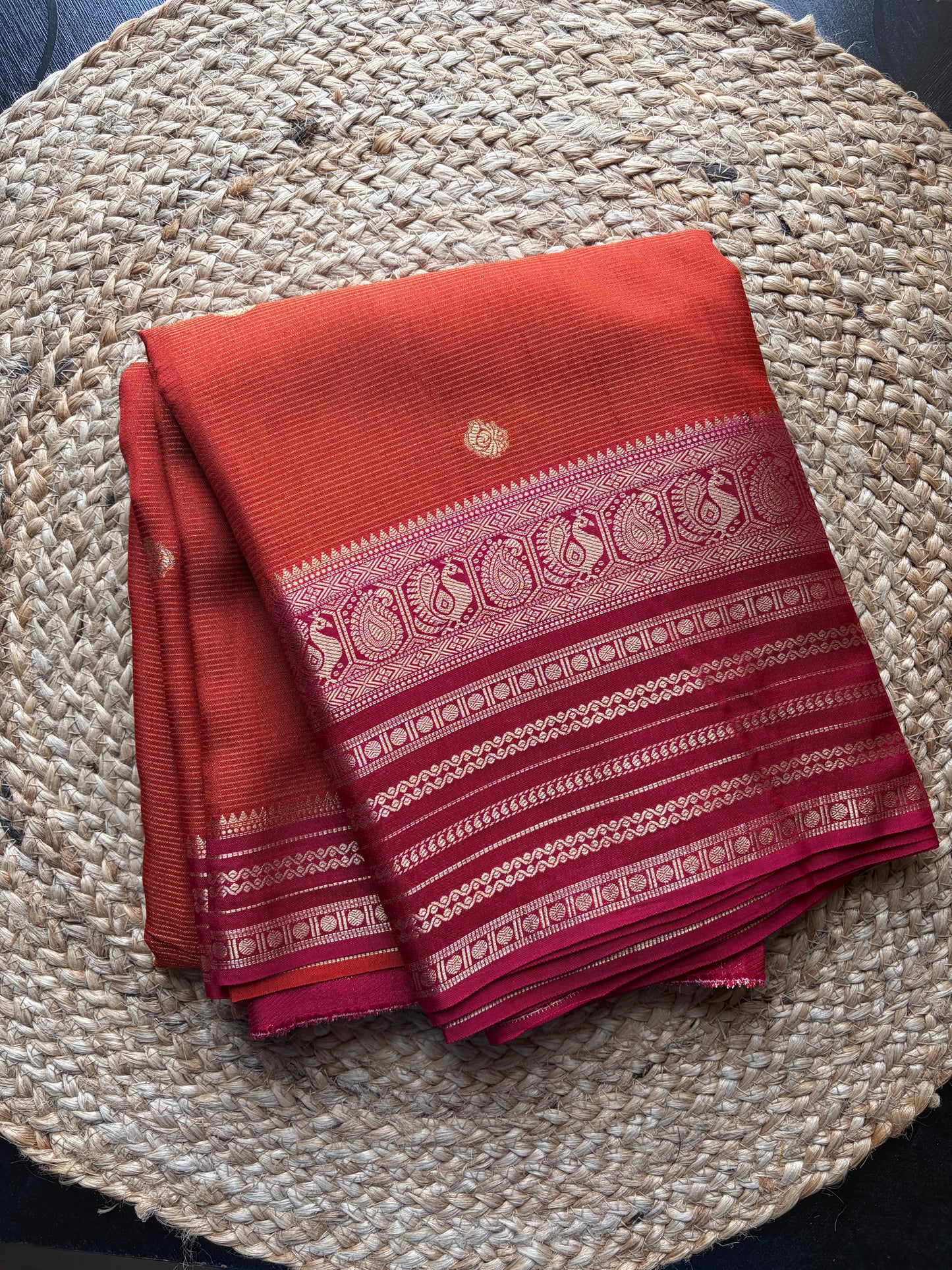 Rangamahal Orange-Rani Pink Heritage Peacock Border Assam Silk Saree