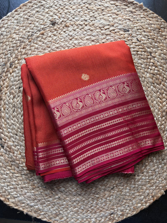 Rangamahal Orange-Rani Pink Heritage Peacock Border Assam Silk Saree