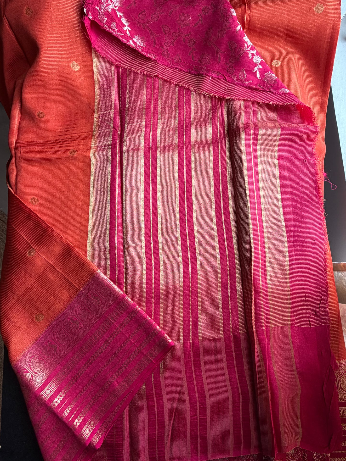 Rangamahal Orange-Rani Pink Heritage Peacock Border Assam Silk Saree
